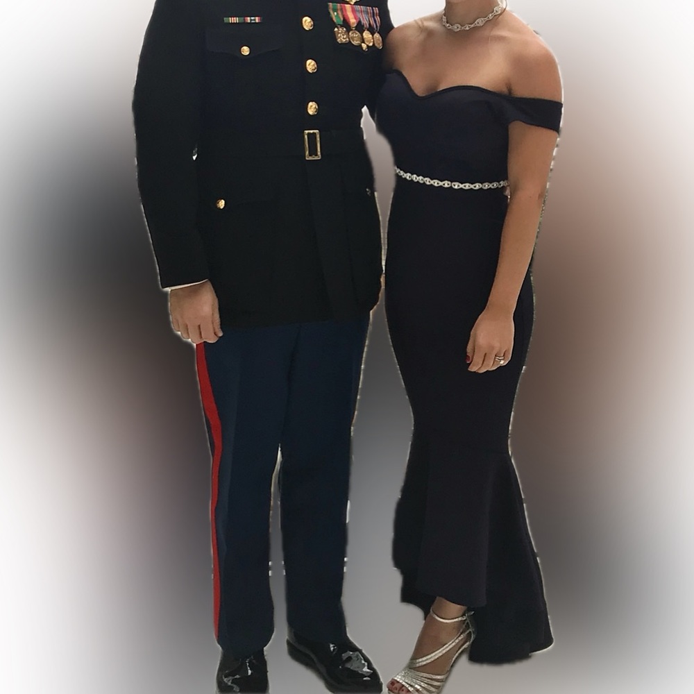 Navy Blue‎ Off-Shoulder Flouncing Mermaid Gown - Picture 2 of 6